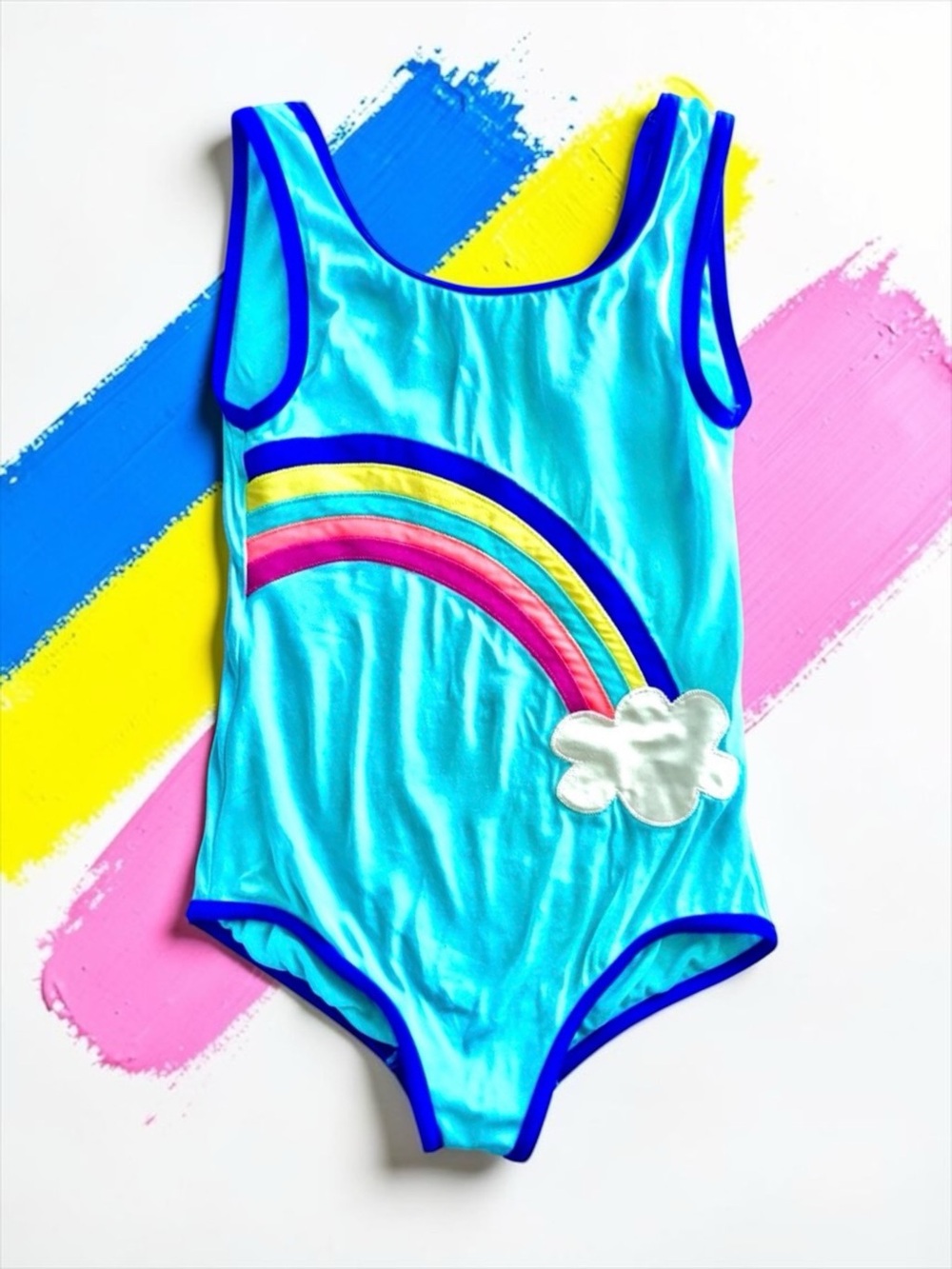 Mini Boden Girls Swimsuit 🌈 Aqua Rainbow Appliqué One‑Piece Size 7–8Y 128 cm